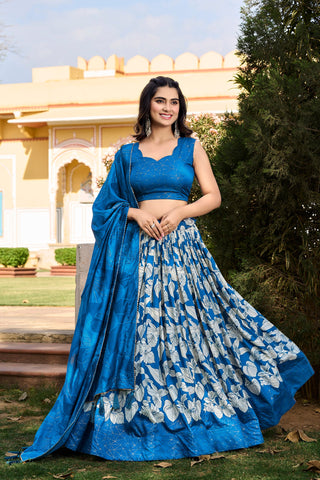 Royal Blue Tussar Silk Printed Lehenga Choli with Foil Work ClothsVilla