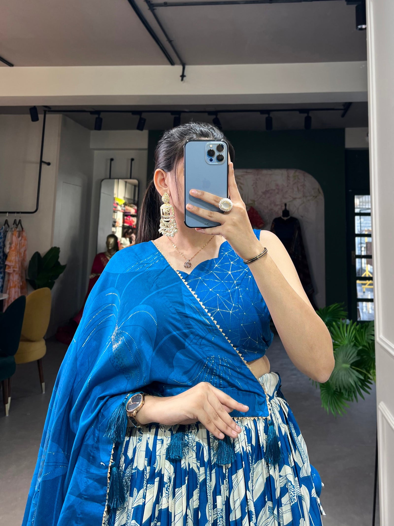 Royal Blue Tussar Silk Printed Lehenga Choli with Foil Work ClothsVilla