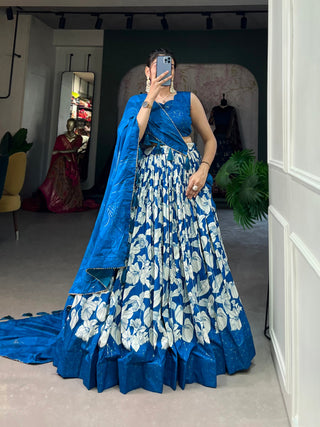 Royal Blue Tussar Silk Printed Lehenga Choli with Foil Work ClothsVilla