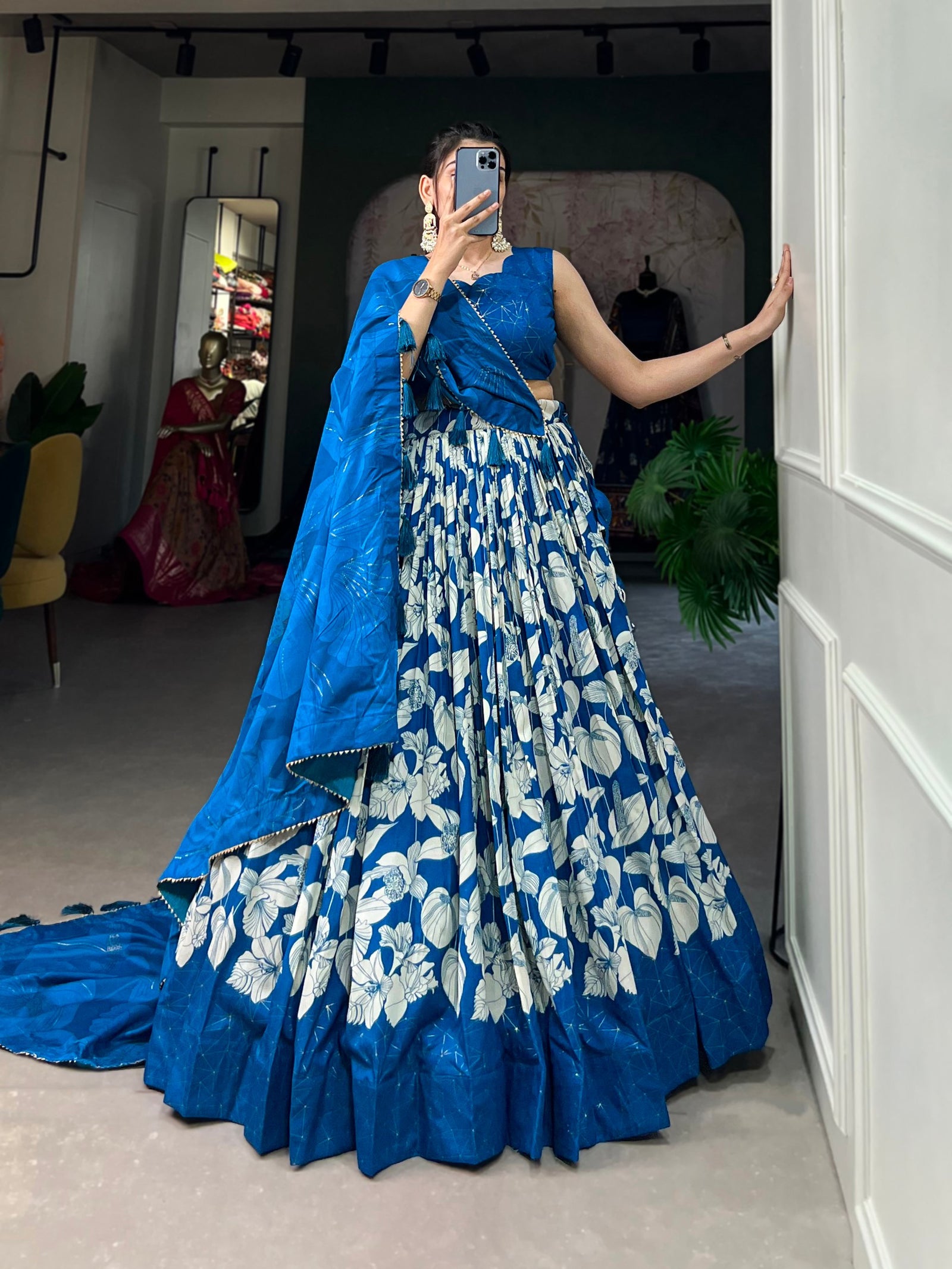 Royal Blue Tussar Silk Printed Lehenga Choli with Foil Work ClothsVilla