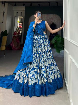 Royal Blue Tussar Silk Printed Lehenga Choli with Foil Work ClothsVilla