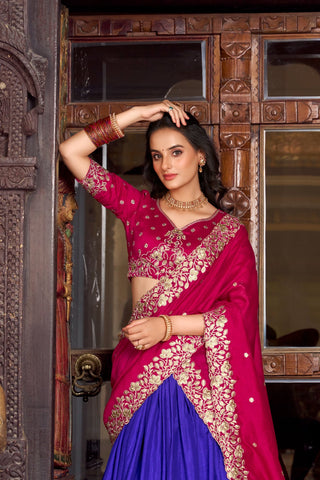 Royal Blue Tussar Silk Printed Lehenga Set with Embroidered Vichitra Silk Blouse & Dupatta Clothsvilla