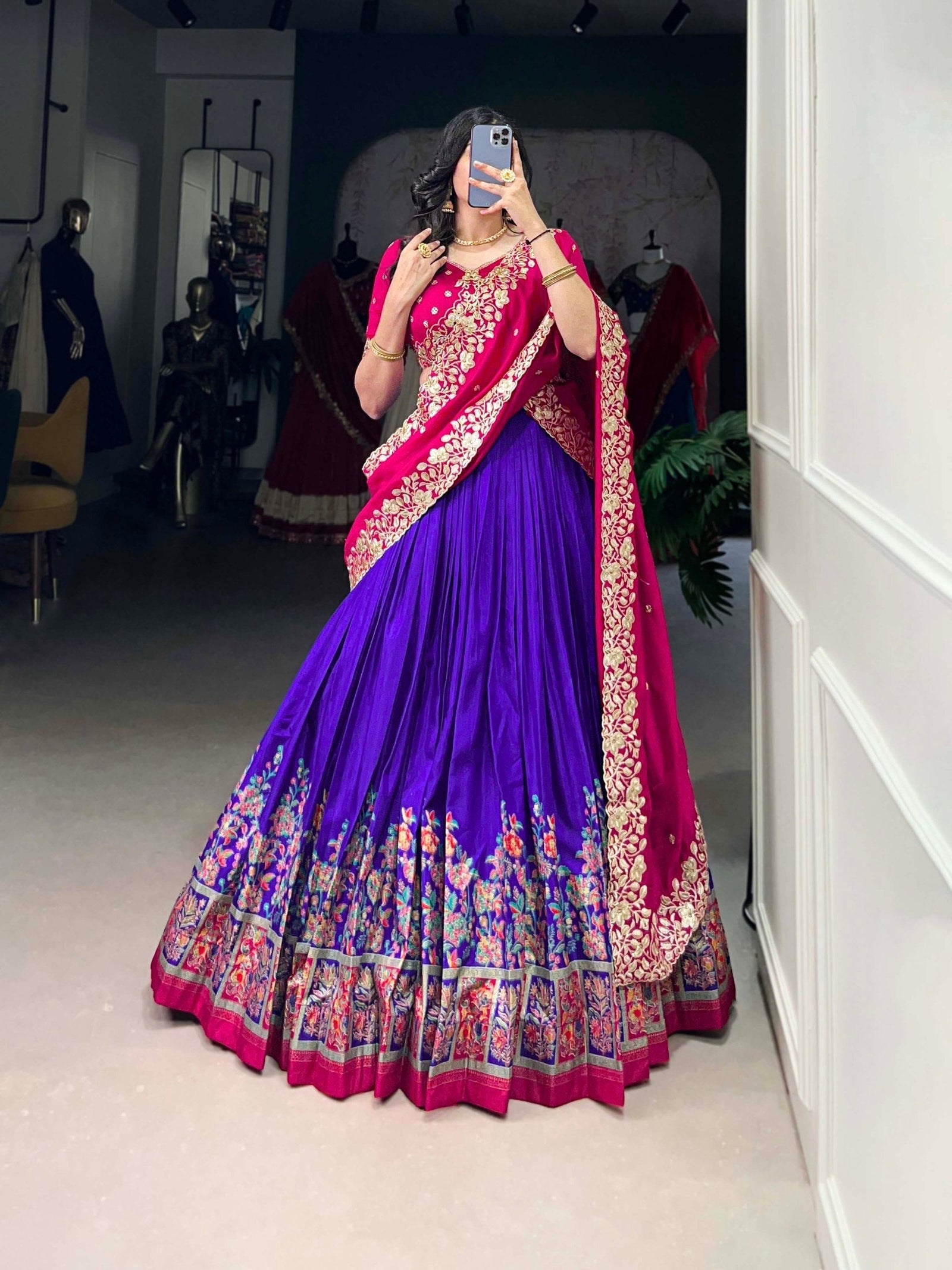 Royal Blue Tussar Silk Printed Lehenga Set with Embroidered Vichitra Silk Blouse & Dupatta Clothsvilla