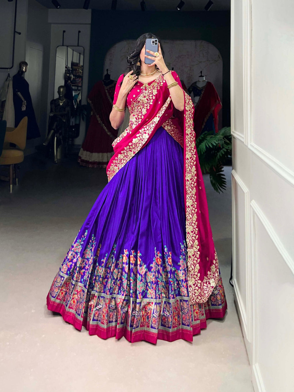 Royal Blue Tussar Silk Printed Lehenga Set with Embroidered Vichitra Silk Blouse & Dupatta Clothsvilla