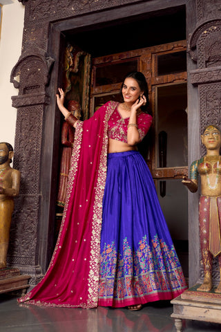 Royal Blue Tussar Silk Printed Lehenga Set with Embroidered Vichitra Silk Blouse & Dupatta Clothsvilla