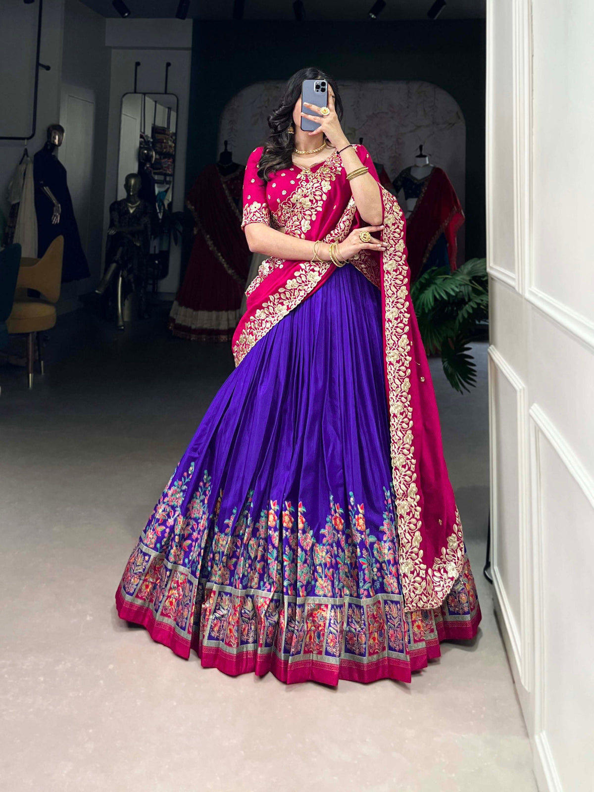 Royal Blue Tussar Silk Printed Lehenga Set with Embroidered Vichitra Silk Blouse & Dupatta Clothsvilla Main image
