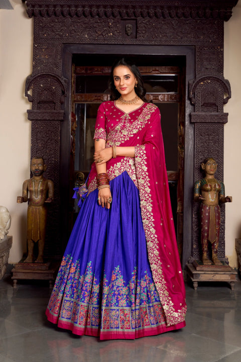 Royal Blue Tussar Silk Printed Lehenga Set with Embroidered Vichitra Silk Blouse & Dupatta Clothsvilla Main image