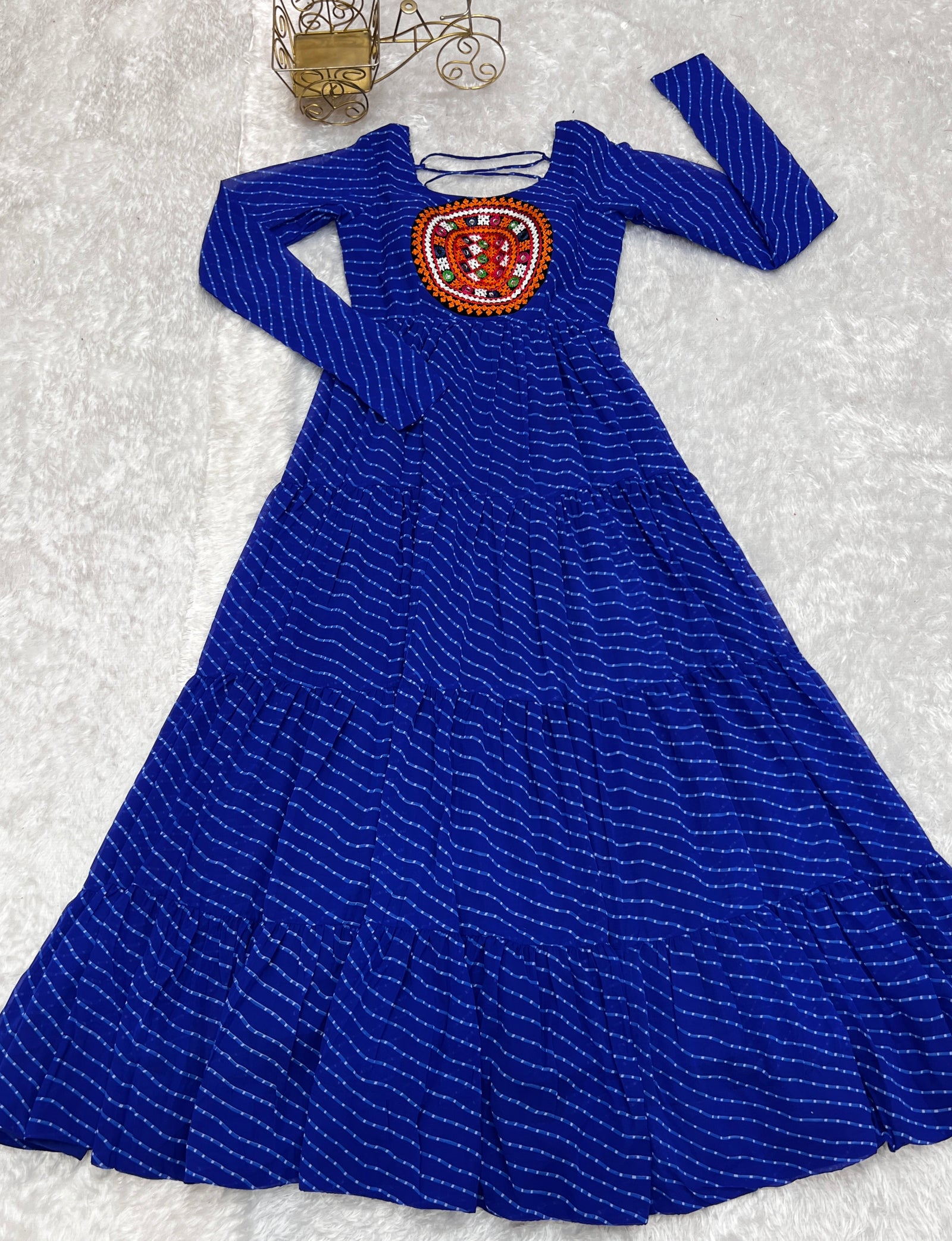 Royal Blue Vibrant Laheriya Anarkali Gown – Perfect for Navratri, Ready to Wear