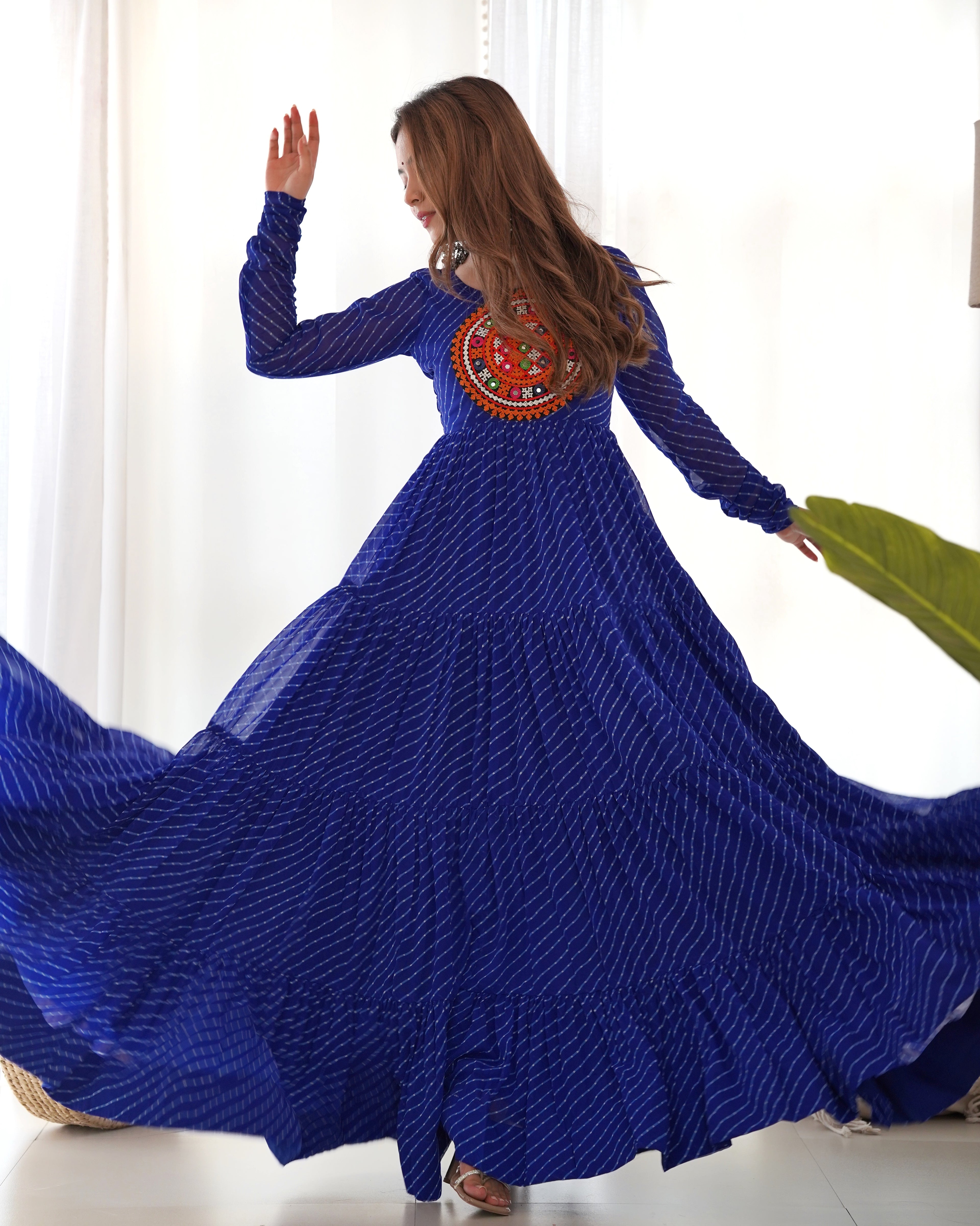 Royal Blue Vibrant Laheriya Anarkali Gown – Perfect for Navratri, Ready to Wear