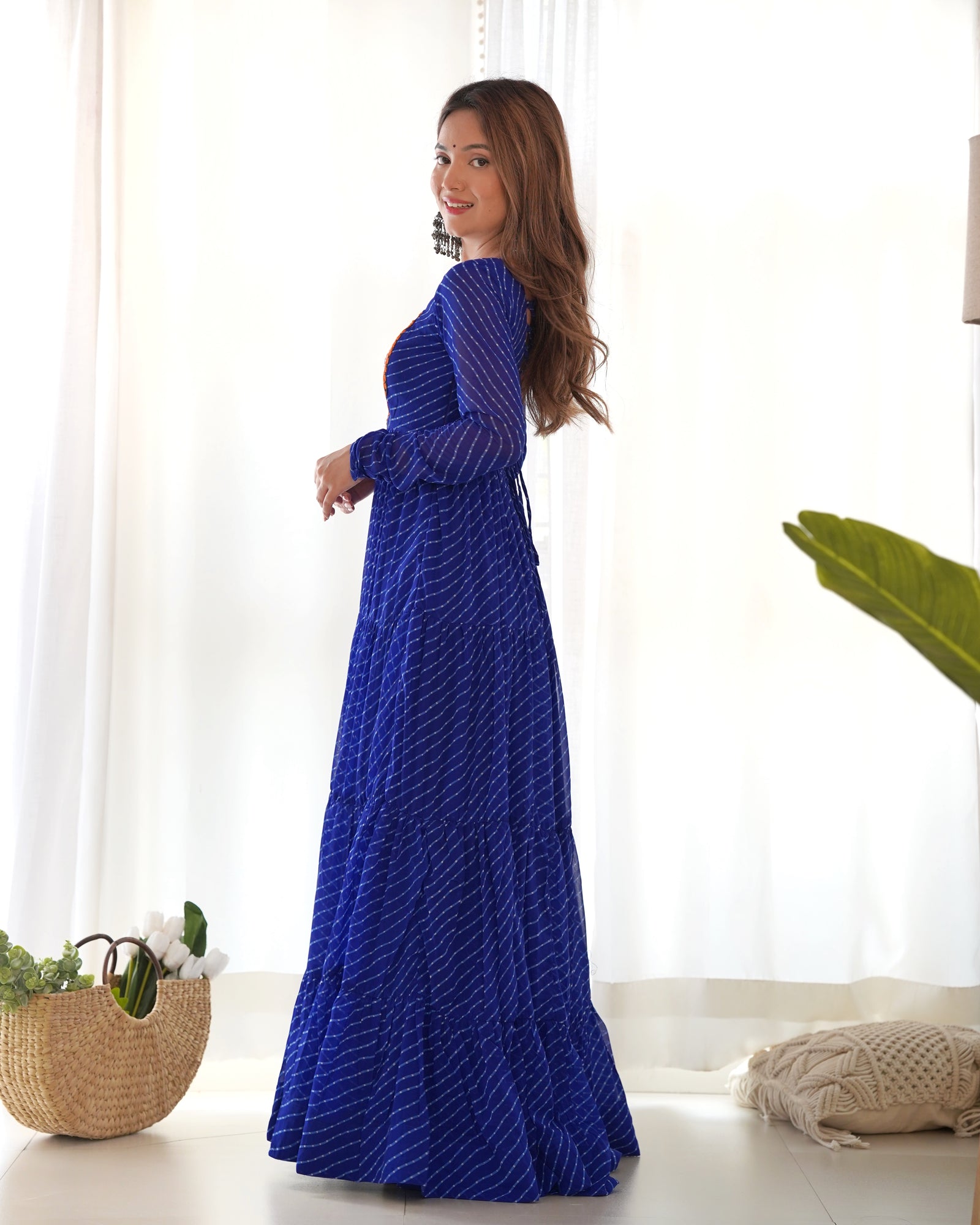 Royal Blue Vibrant Laheriya Anarkali Gown – Perfect for Navratri, Ready to Wear