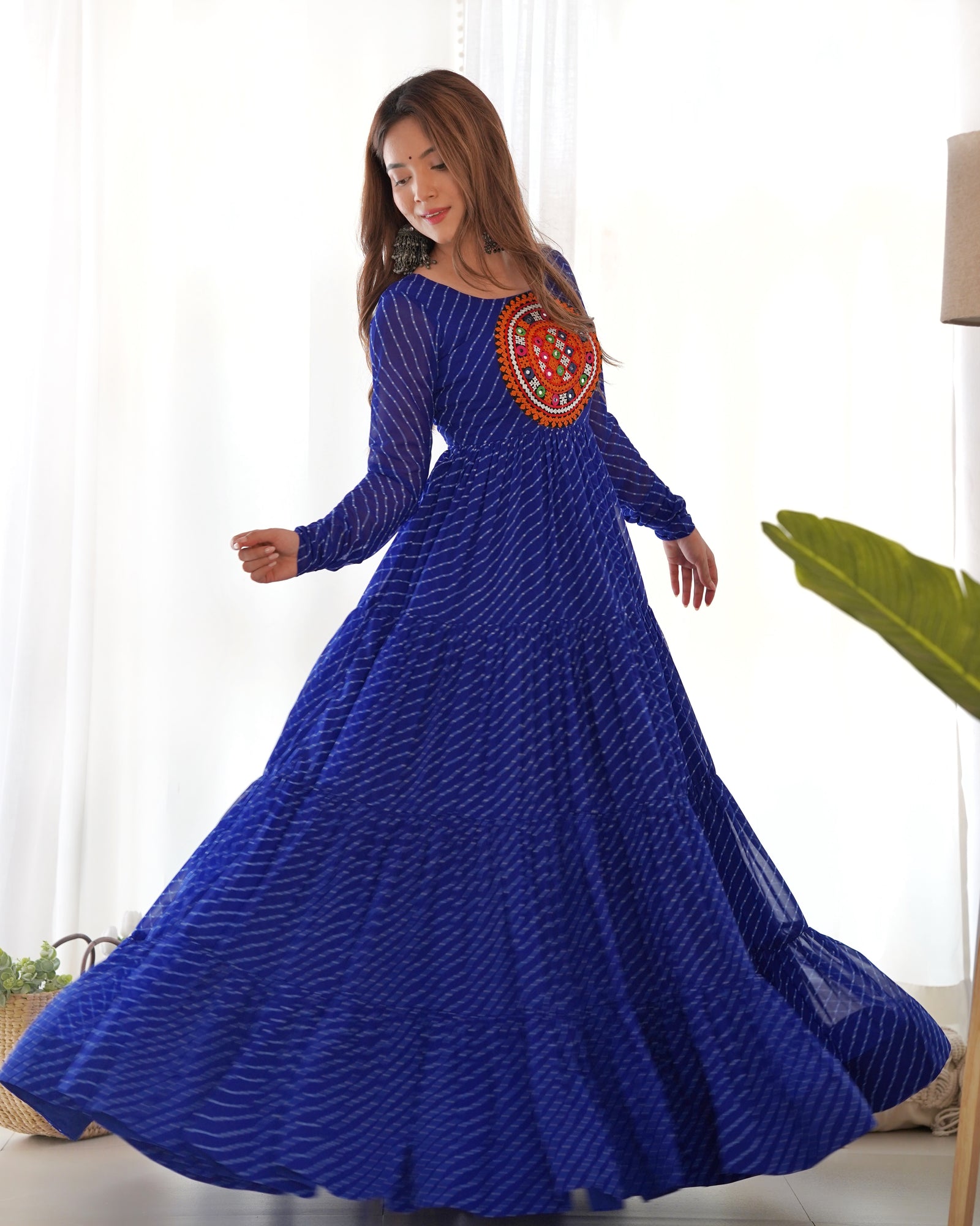 Royal Blue Vibrant Laheriya Anarkali Gown – Perfect for Navratri, Ready to Wear