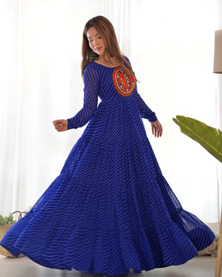 Royal Blue Vibrant Laheriya Anarkali Gown – Perfect for Navratri, Ready to Wear