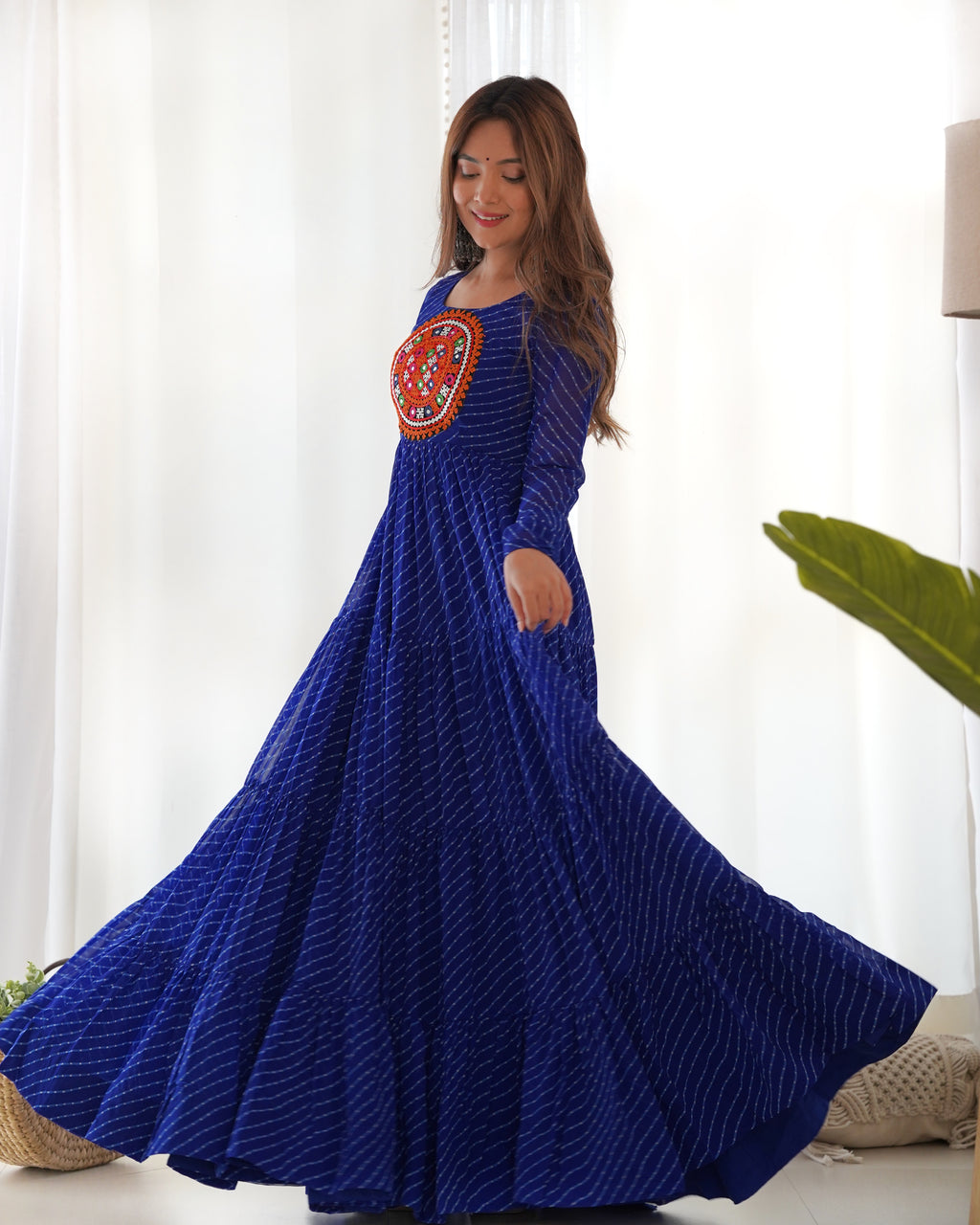 Royal Blue Vibrant Laheriya Anarkali Gown – Perfect for Navratri, Ready to Wear