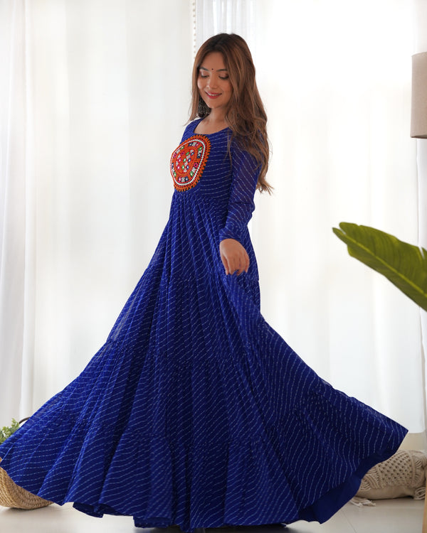 Royal Blue Vibrant Laheriya Anarkali Gown – Perfect for Navratri, Ready to Wear