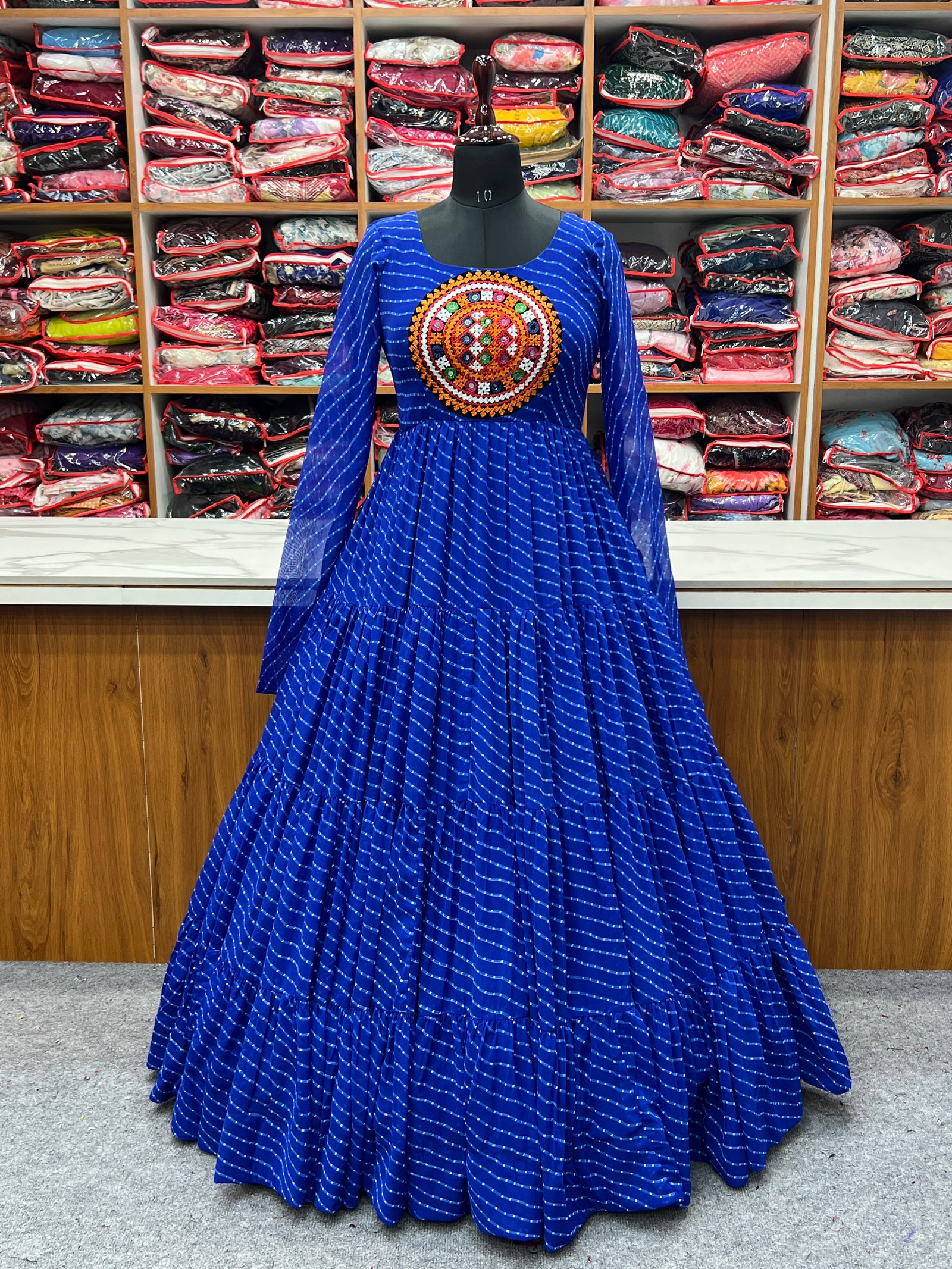 Royal Blue Vibrant Laheriya Anarkali Gown – Perfect for Navratri, Ready to Wear