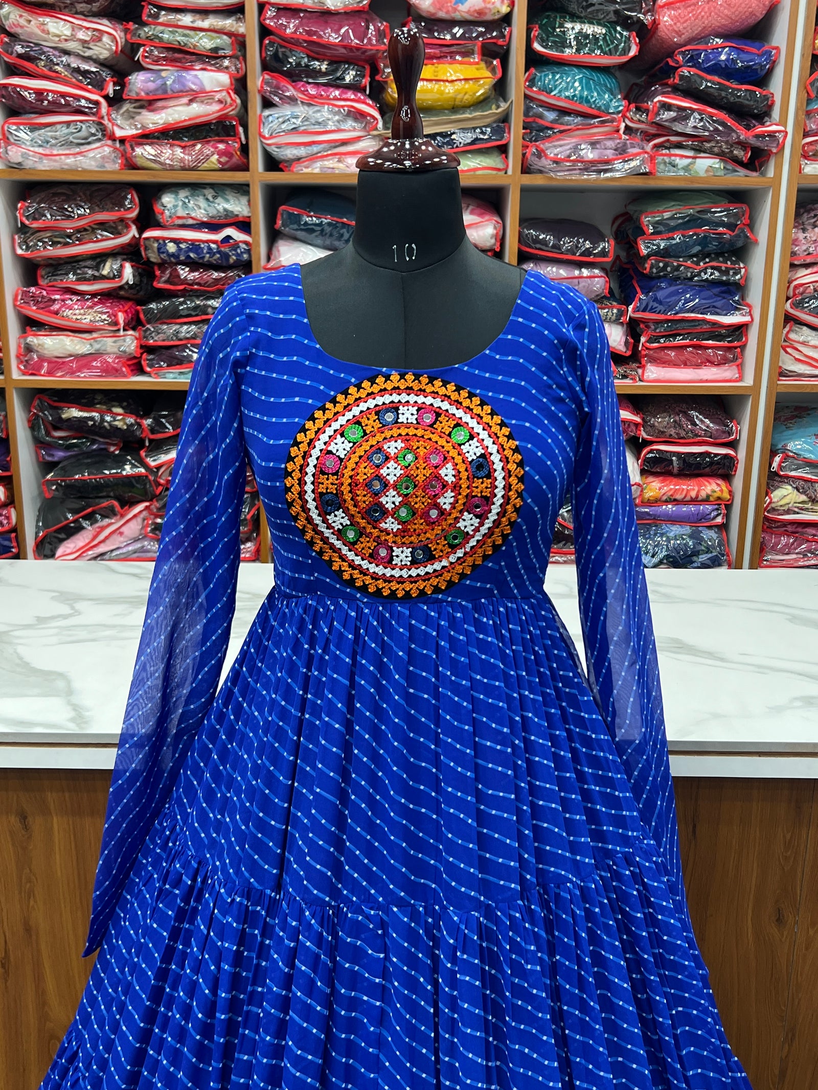 Royal Blue Vibrant Laheriya Anarkali Gown – Perfect for Navratri, Ready to Wear