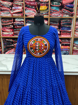 Royal Blue Vibrant Laheriya Anarkali Gown – Perfect for Navratri, Ready to Wear