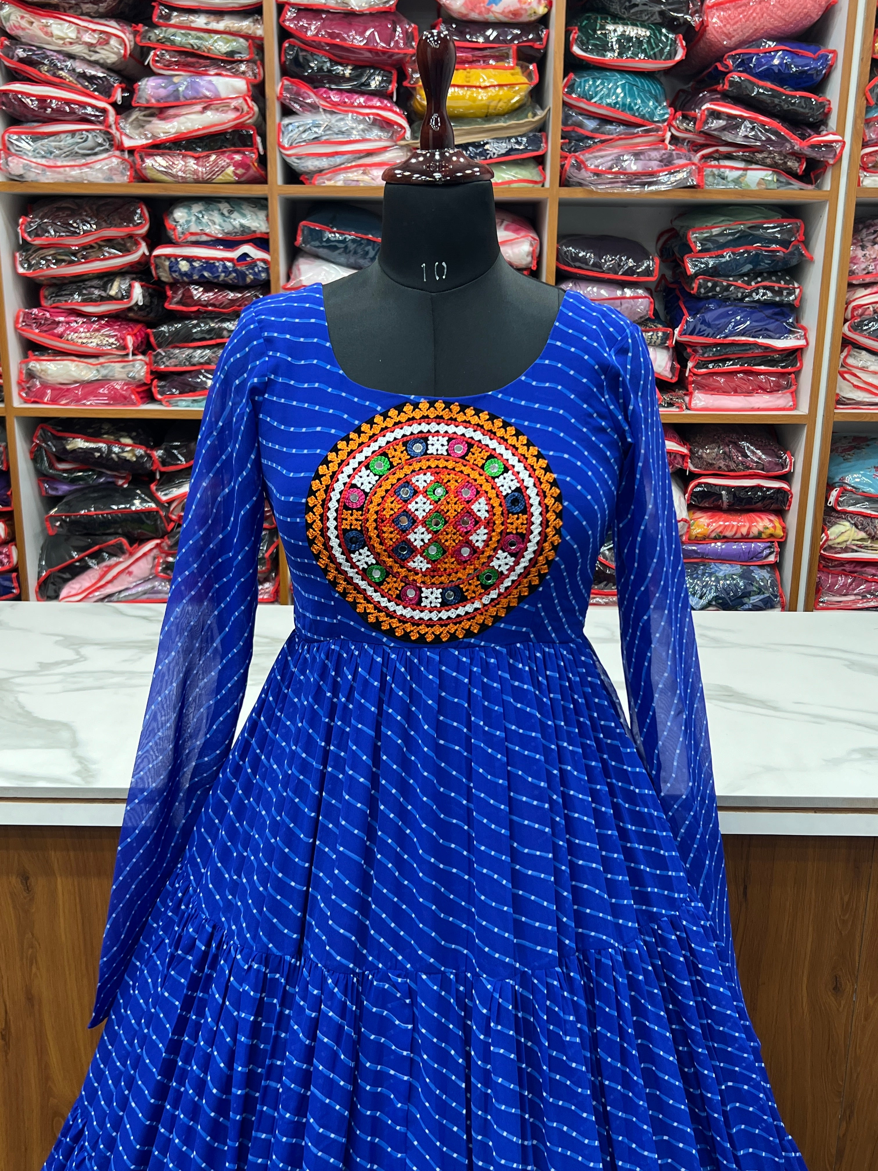 Royal Blue Vibrant Laheriya Anarkali Gown – Perfect for Navratri, Ready to Wear