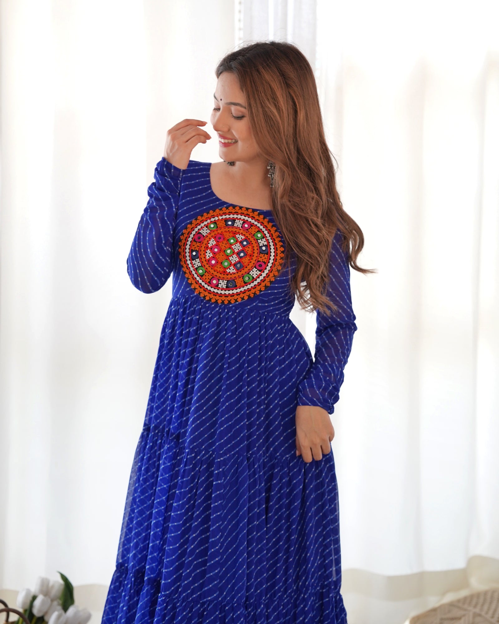 Royal Blue Vibrant Laheriya Anarkali Gown – Perfect for Navratri, Ready to Wear