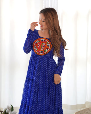 Royal Blue Vibrant Laheriya Anarkali Gown – Perfect for Navratri, Ready to Wear