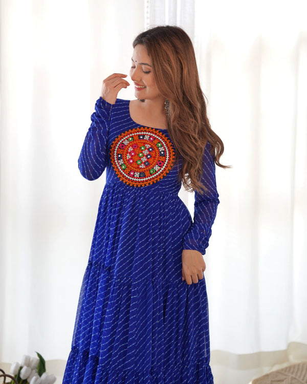 Royal Blue Vibrant Laheriya Anarkali Gown – Perfect for Navratri, Ready to Wear