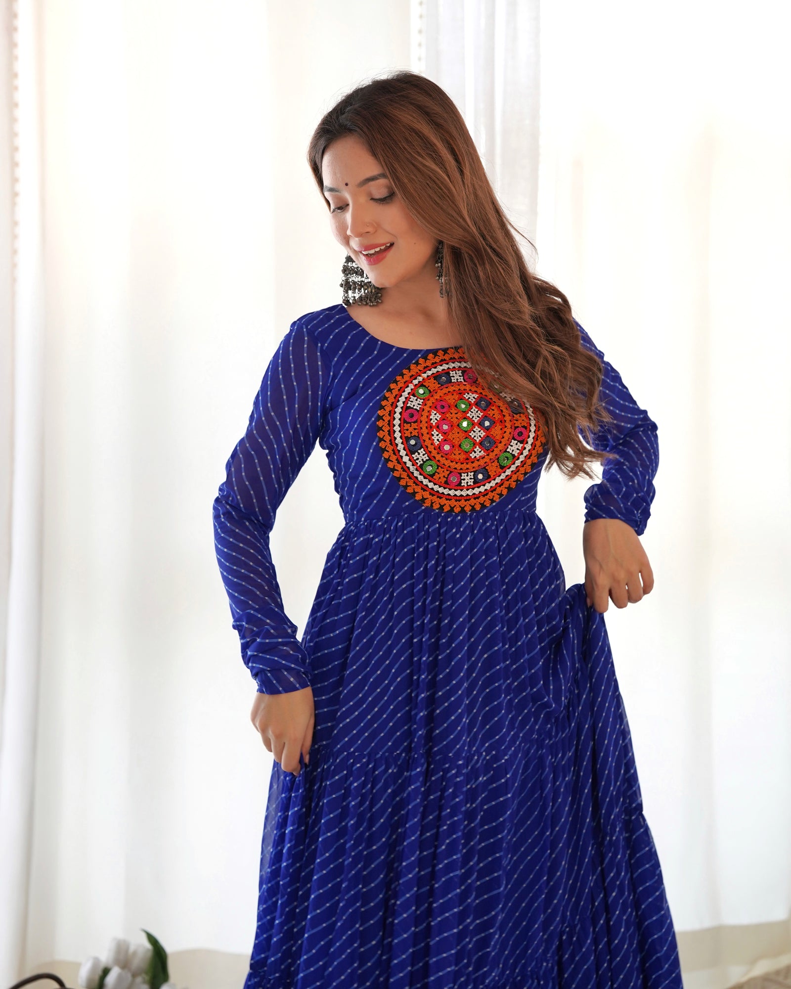 Royal Blue Vibrant Laheriya Anarkali Gown – Perfect for Navratri, Ready to Wear