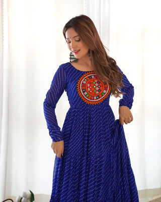 Royal Blue Vibrant Laheriya Anarkali Gown – Perfect for Navratri, Ready to Wear
