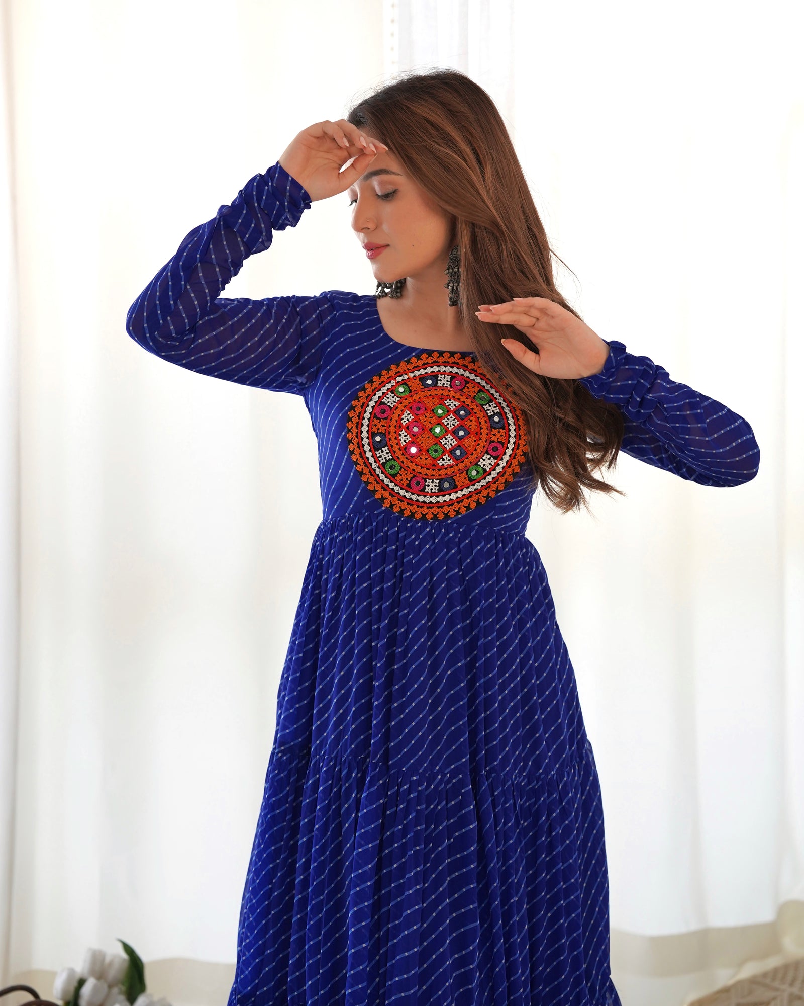 Royal Blue Vibrant Laheriya Anarkali Gown – Perfect for Navratri, Ready to Wear