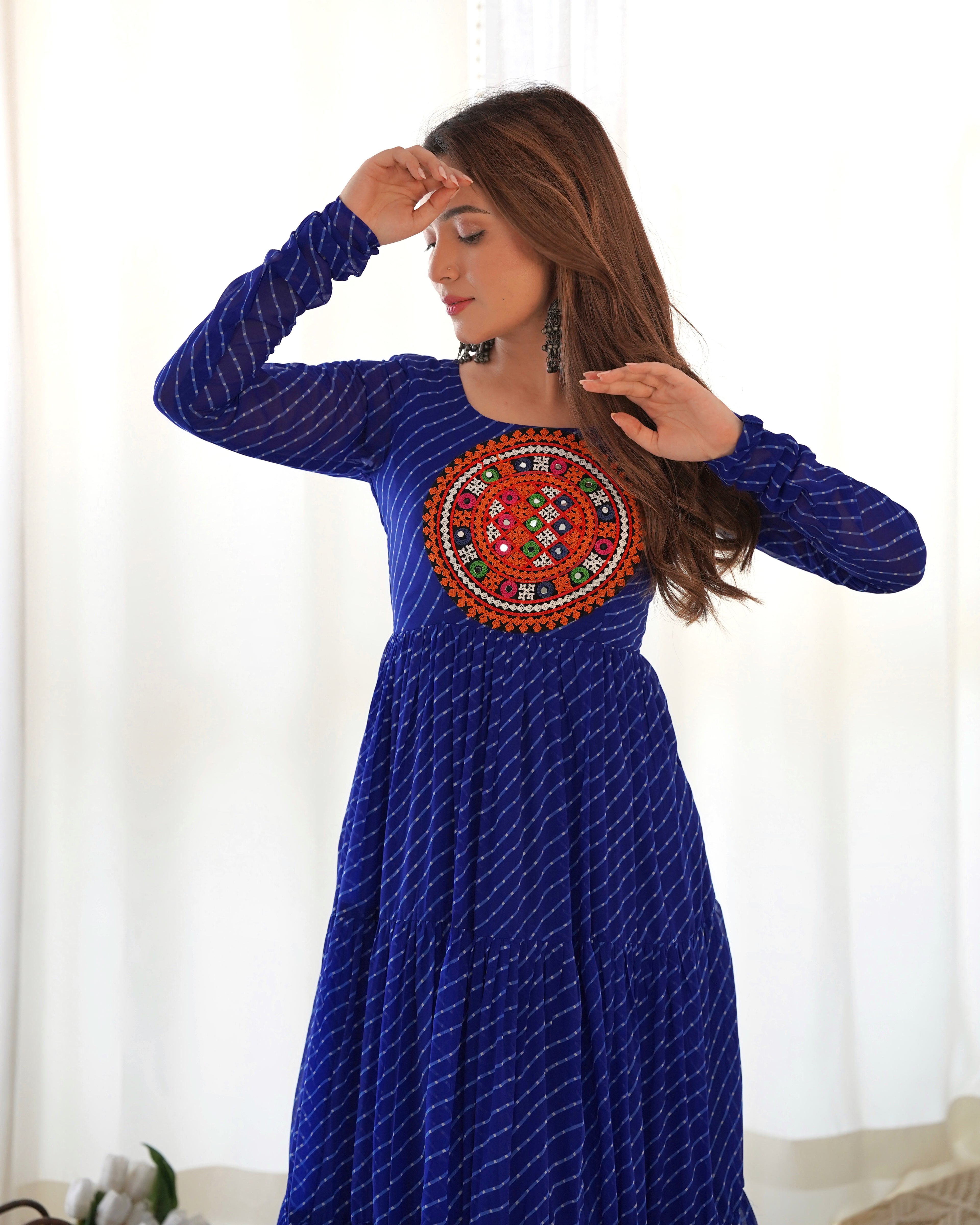 Royal Blue Vibrant Laheriya Anarkali Gown – Perfect for Navratri, Ready to Wear