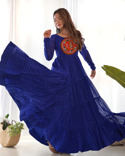 Royal Blue Vibrant Laheriya Anarkali Gown – Perfect for Navratri, Ready to Wear