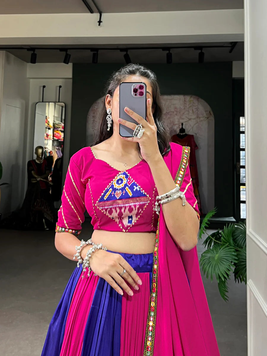 Royal Blue Vibrant Printed Silk Lehenga with Gamthi & Mirror Work ClothsVilla