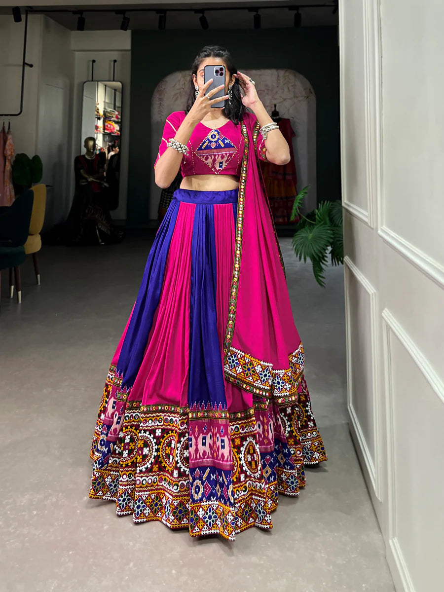 Royal Blue Vibrant Printed Silk Lehenga with Gamthi & Mirror Work Secondary image