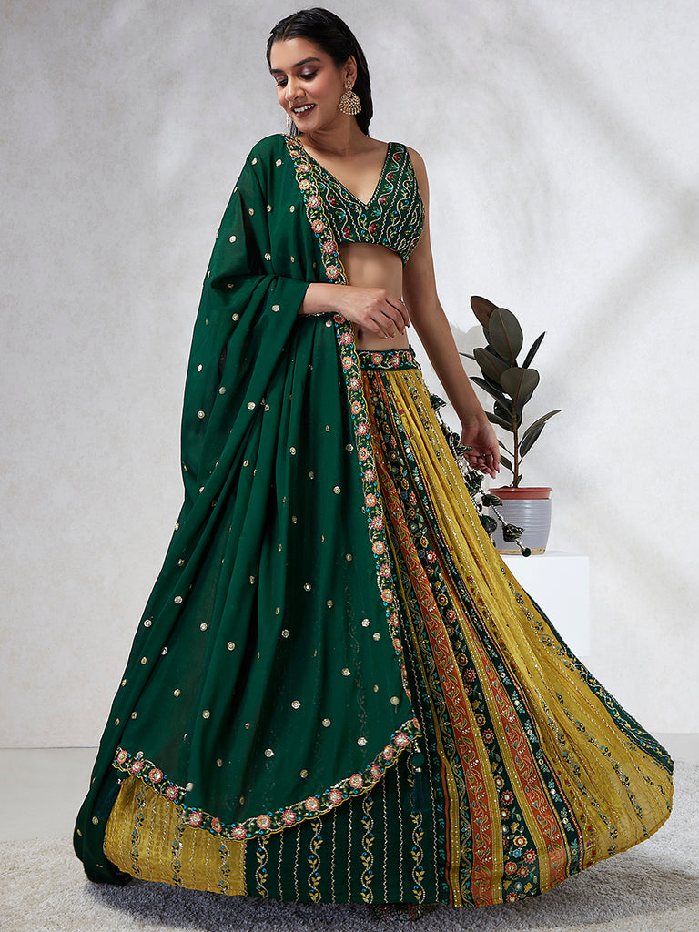 Royal Green Chiffon Lehenga Choli Set with Exquisite Sequin Embroidery & Threadwork ClothsVilla