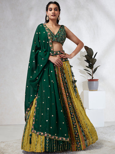 Royal Green Chiffon Lehenga Choli Set with Exquisite Sequin Embroidery & Threadwork ClothsVilla
