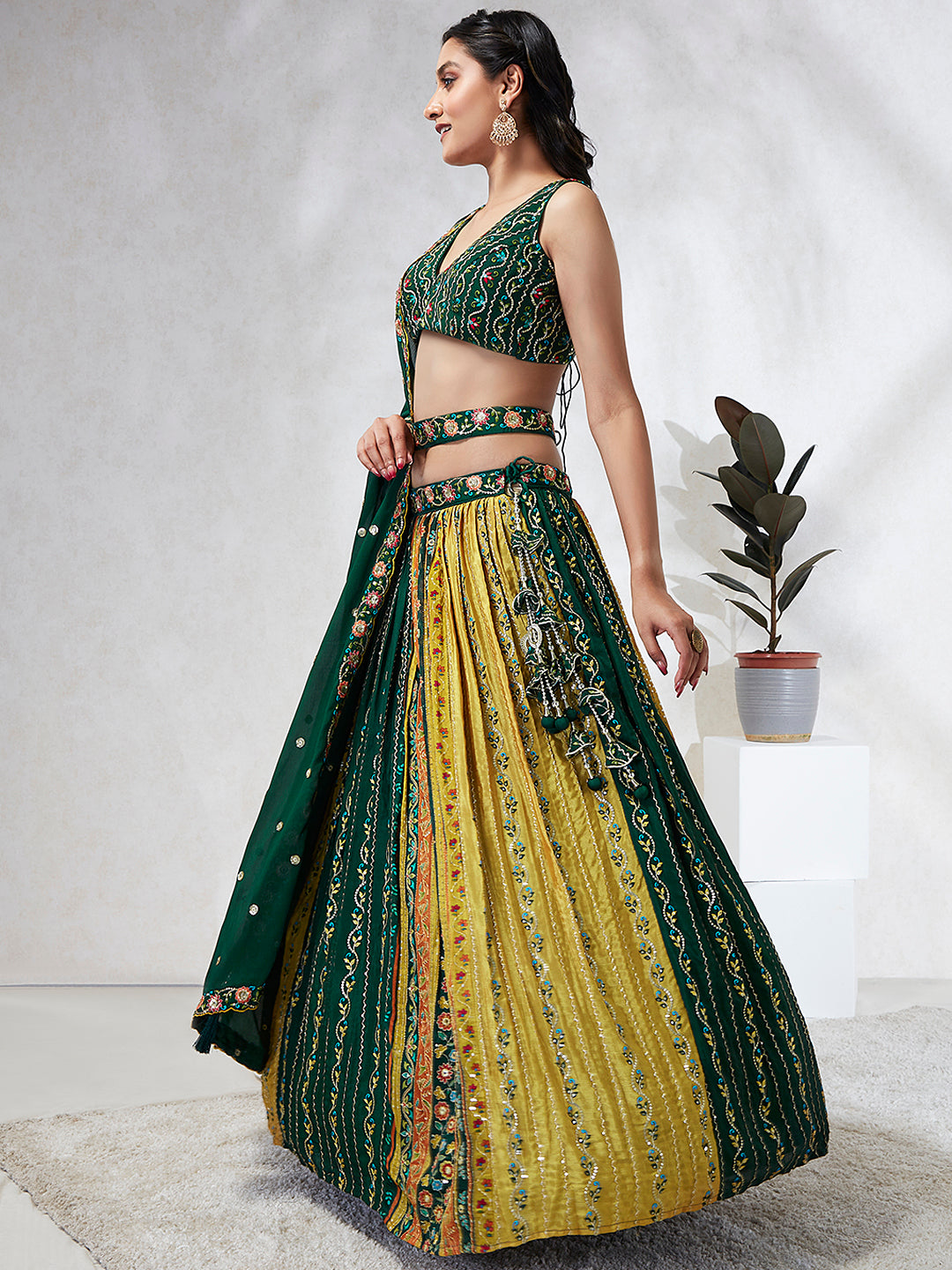 Royal Green Chiffon Lehenga Choli Set with Exquisite Sequin Embroidery & Threadwork ClothsVilla