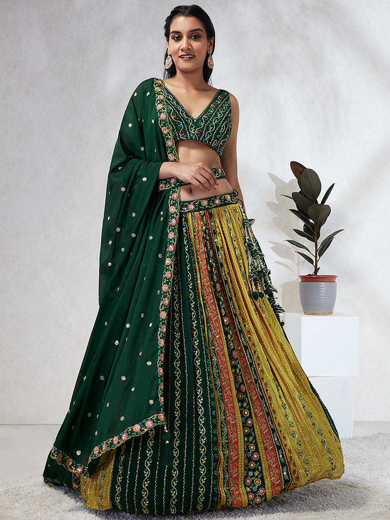 Royal Green Chiffon Lehenga Choli Set with Exquisite Sequin Embroidery & Threadwork ClothsVilla