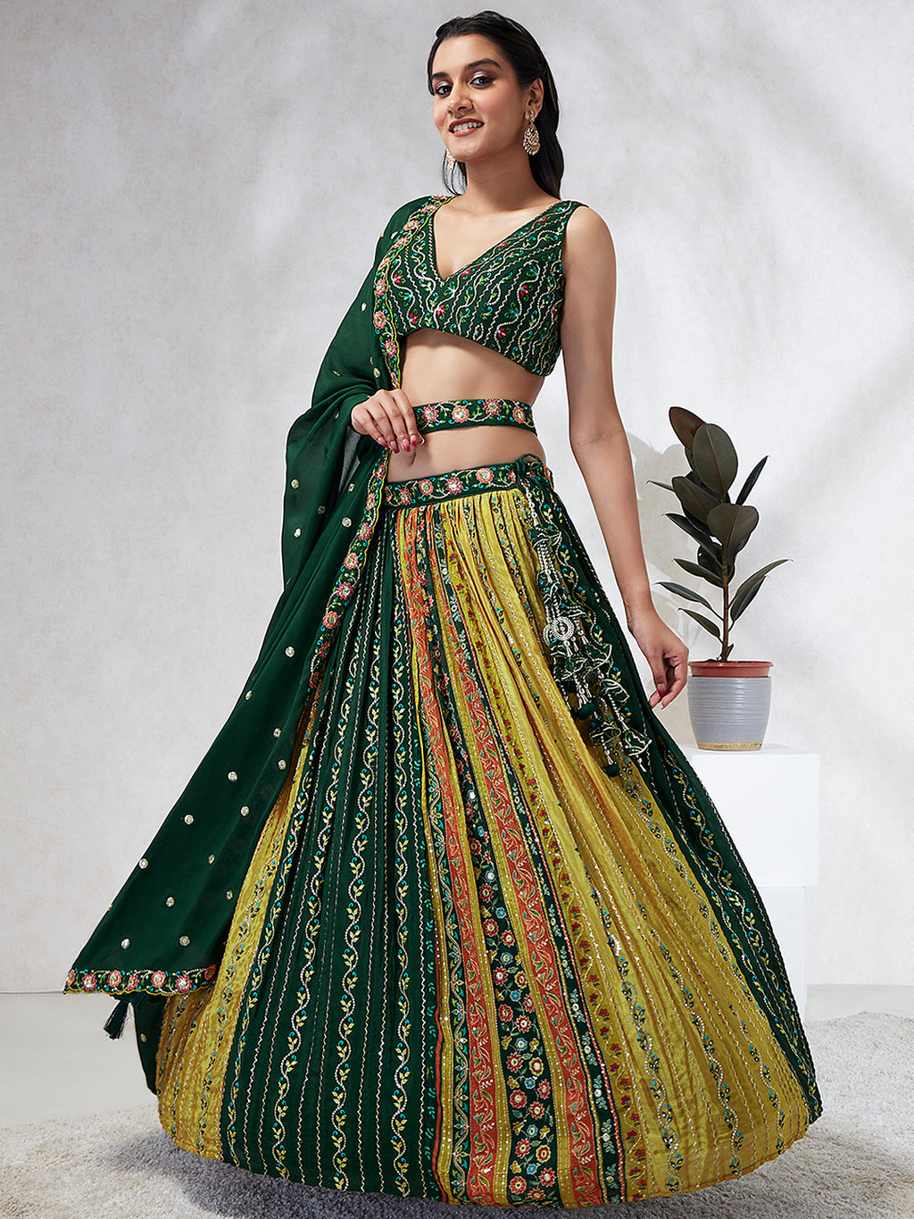Royal Green Chiffon Lehenga Choli Set with Exquisite Sequin Embroidery & Threadwork ClothsVilla