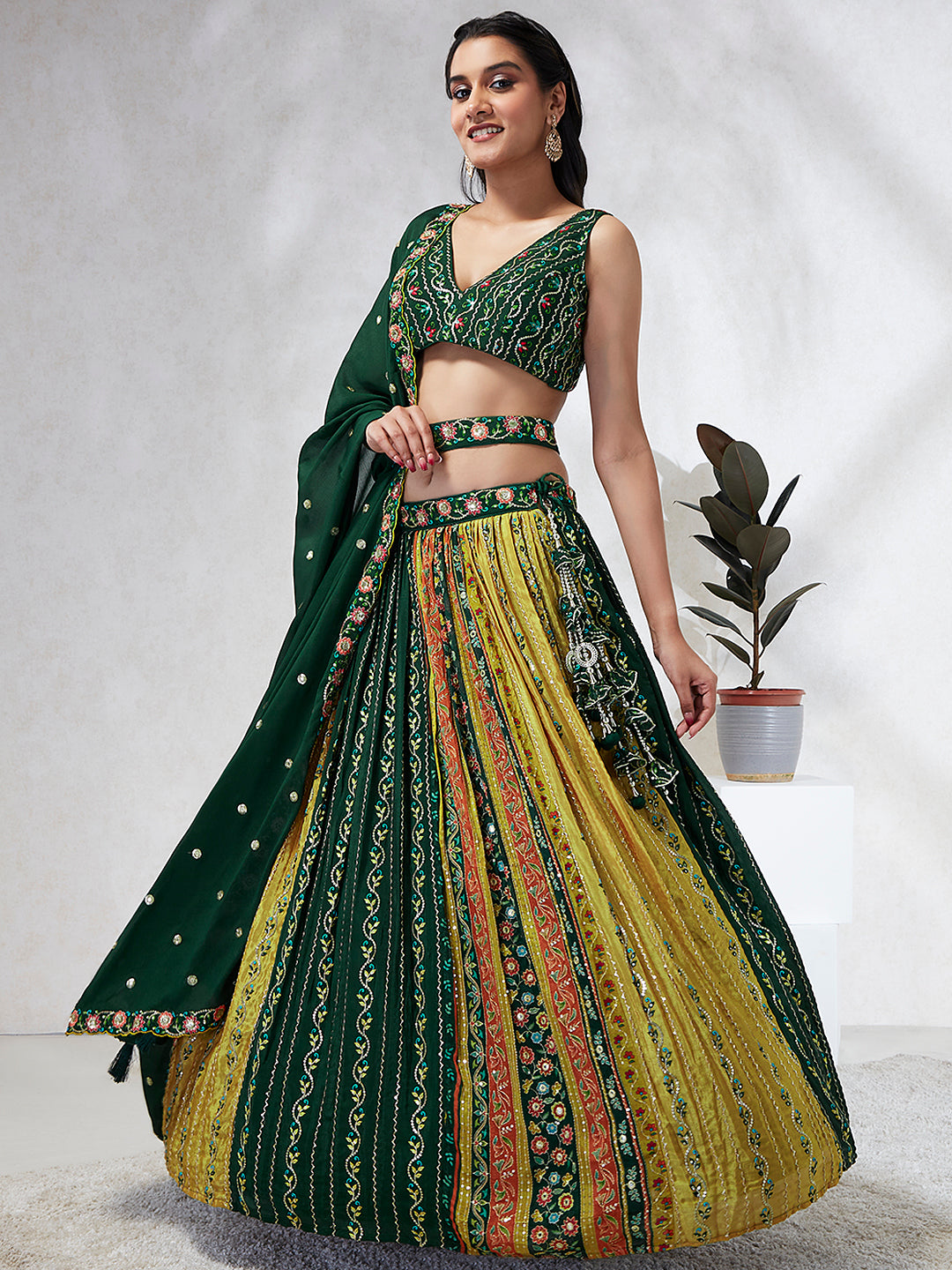 Royal Green Chiffon Lehenga Choli Set with Exquisite Sequin Embroidery & Threadwork ClothsVilla