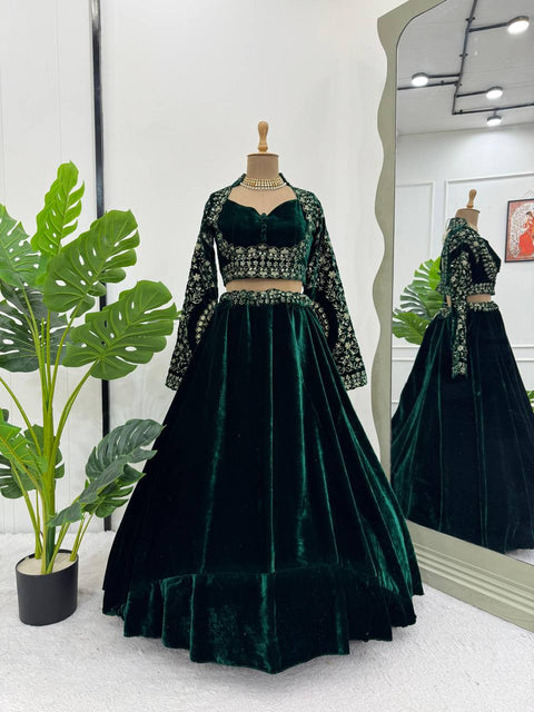 Royal Green Viscose Velvet Semi-Stitched Lehenga Set with All-Over Sequin Embroidery ClothsVilla Main image