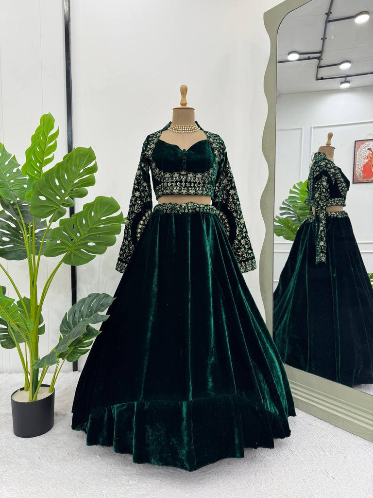 Royal Green Viscose Velvet Semi-Stitched Lehenga Set with All-Over Sequin Embroidery ClothsVilla