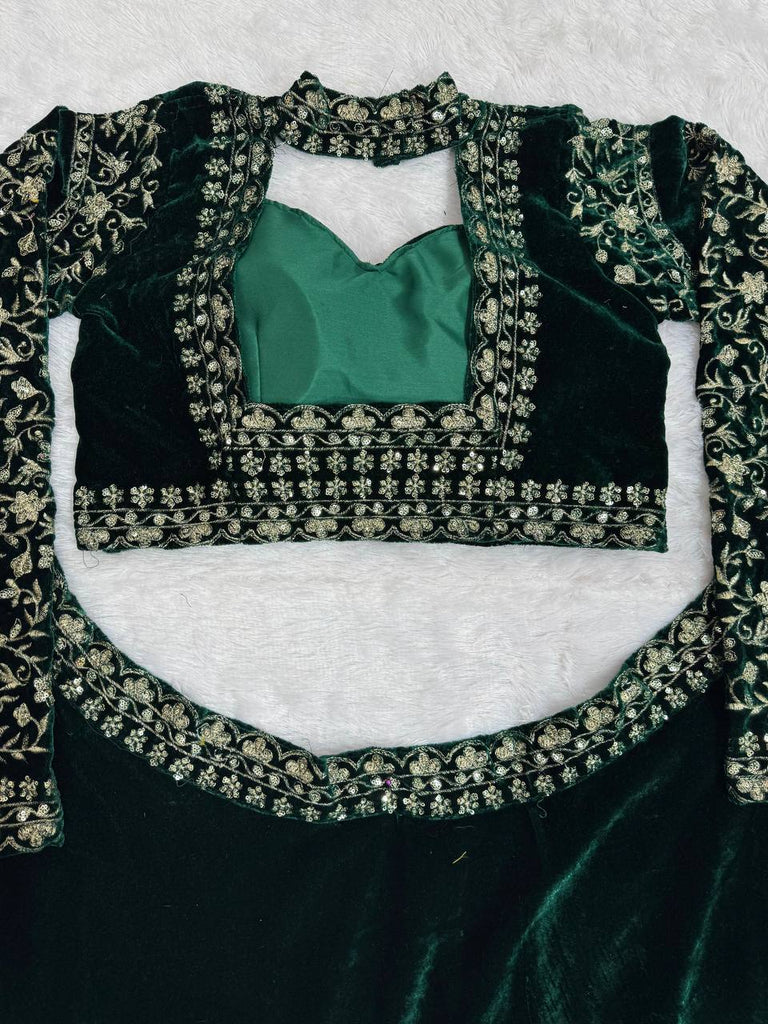 Royal Green Viscose Velvet Semi-Stitched Lehenga Set with All-Over Sequin Embroidery ClothsVilla