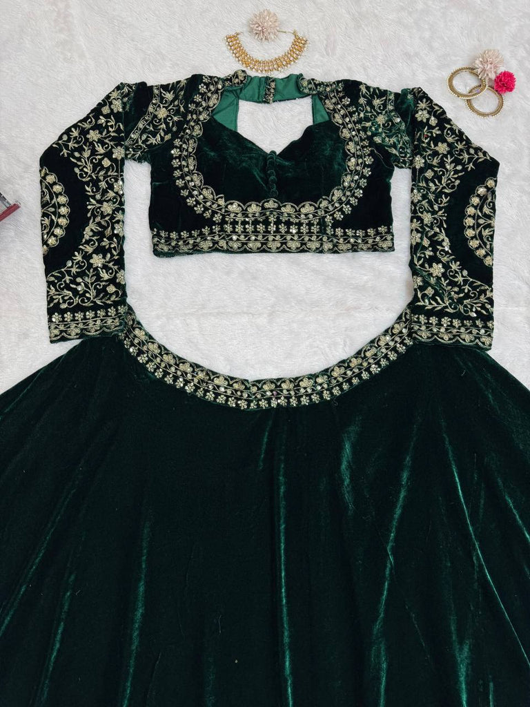 Royal Green Viscose Velvet Semi-Stitched Lehenga Set with All-Over Sequin Embroidery ClothsVilla