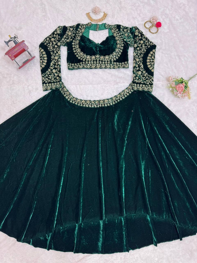 Royal Green Viscose Velvet Semi-Stitched Lehenga Set with All-Over Sequin Embroidery ClothsVilla