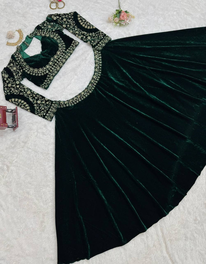 Royal Green Viscose Velvet Semi-Stitched Lehenga Set with All-Over Sequin Embroidery ClothsVilla