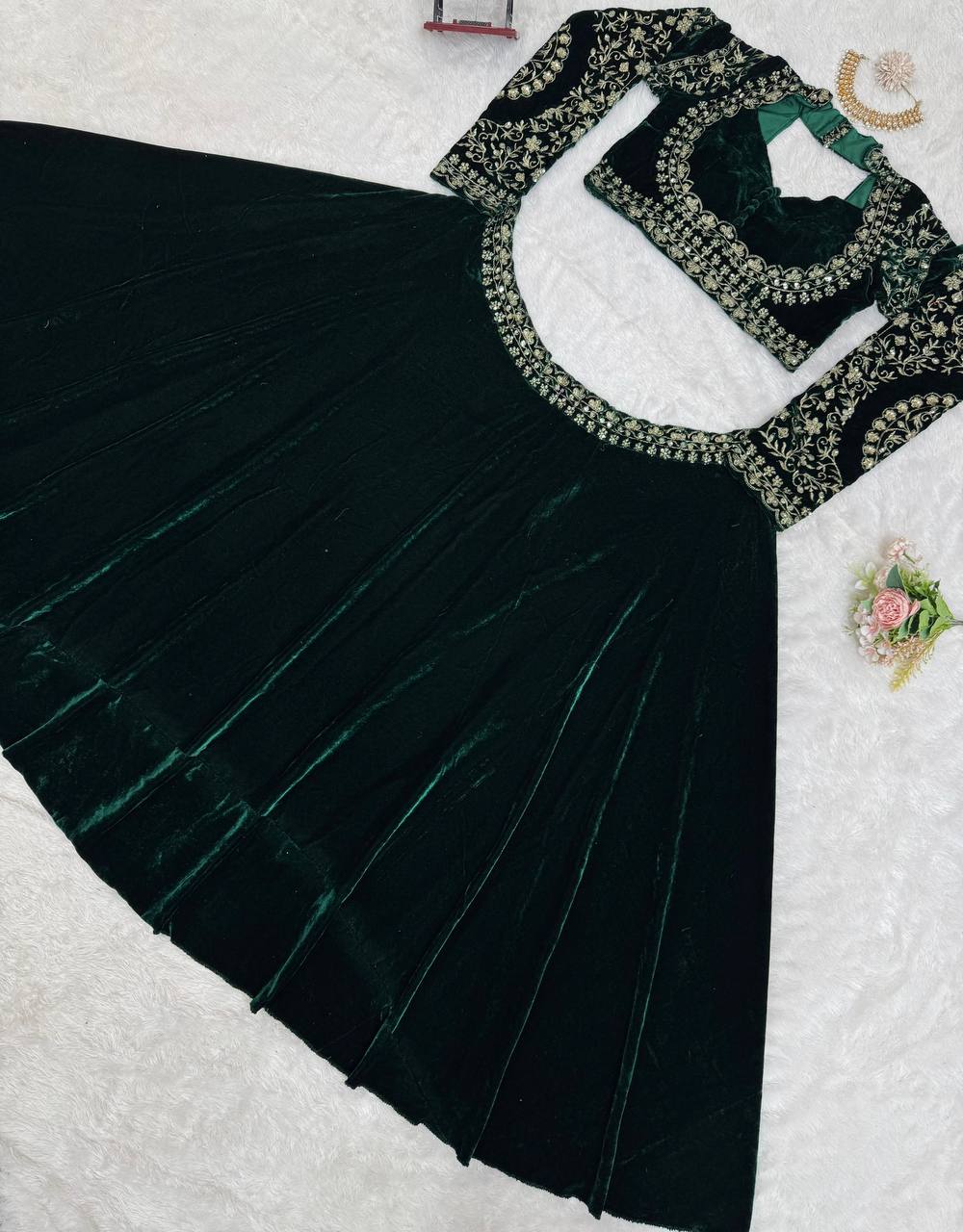 Royal Green Viscose Velvet Semi-Stitched Lehenga Set with All-Over Sequin Embroidery ClothsVilla