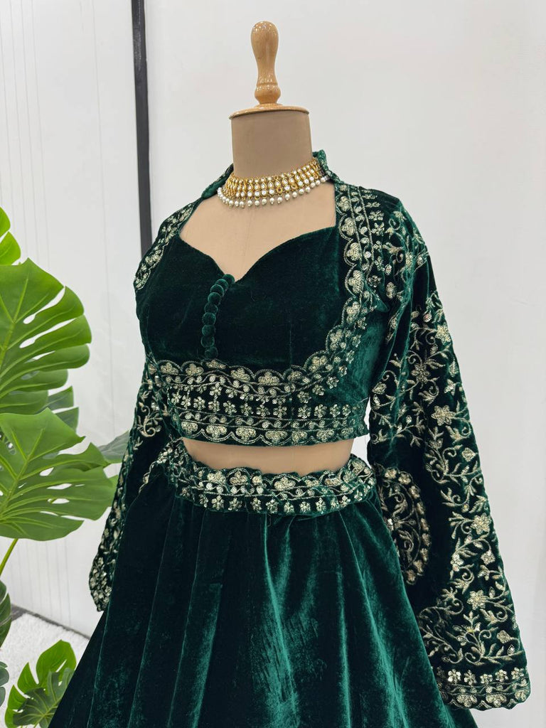 Royal Green Viscose Velvet Semi-Stitched Lehenga Set with All-Over Sequin Embroidery ClothsVilla