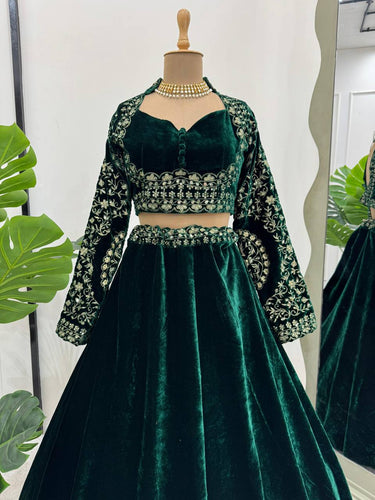 Royal Green Viscose Velvet Semi-Stitched Lehenga Set with All-Over Sequin Embroidery ClothsVilla