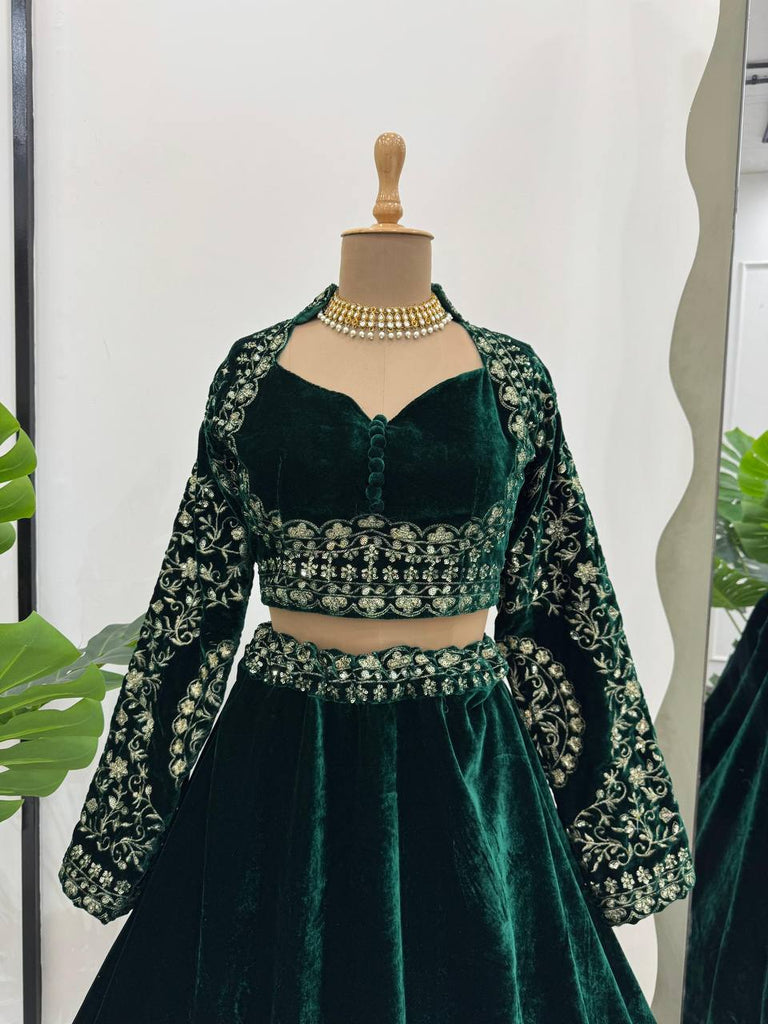 Royal Green Viscose Velvet Semi-Stitched Lehenga Set with All-Over Sequin Embroidery ClothsVilla