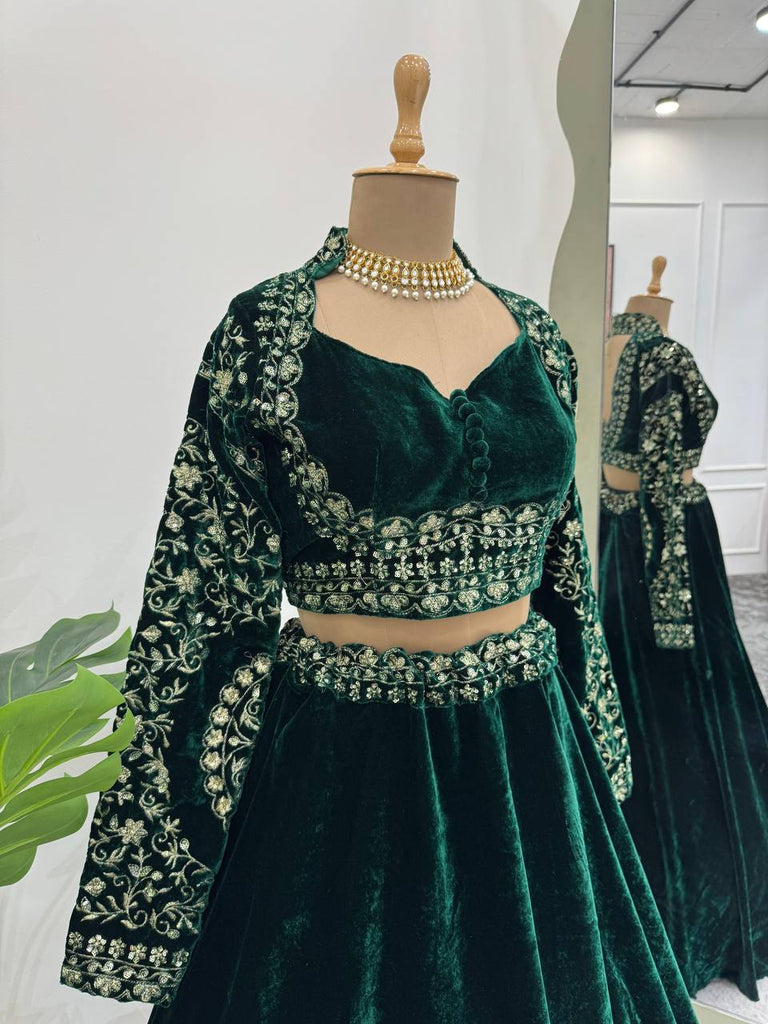 Royal Green Viscose Velvet Semi-Stitched Lehenga Set with All-Over Sequin Embroidery ClothsVilla