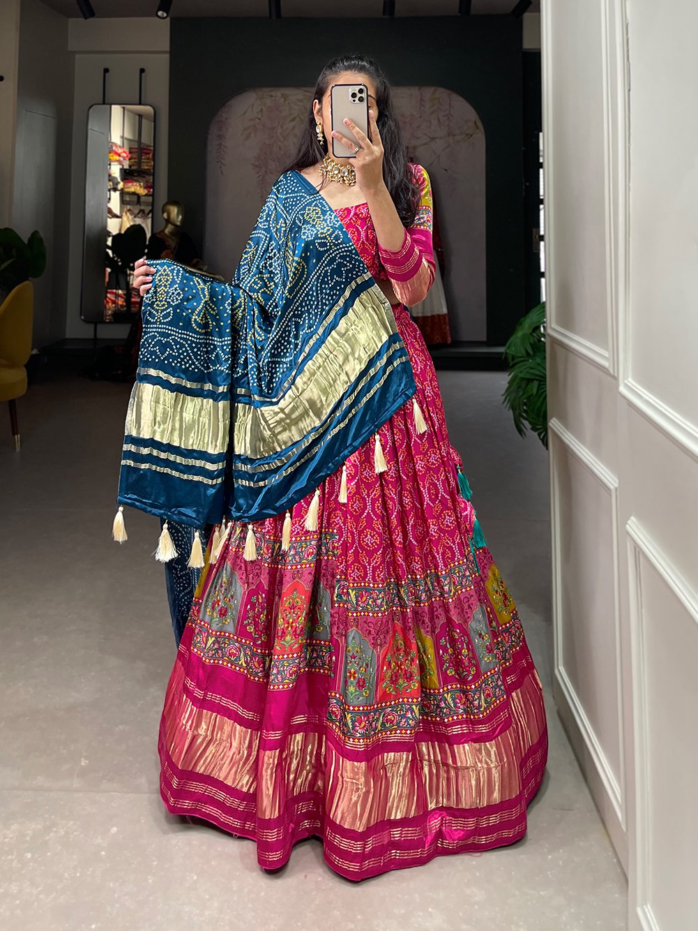 Royal Pink Elegant Gaji Silk Lehenga Set with Digital Print and Tassels – Perfect for Every Occasion